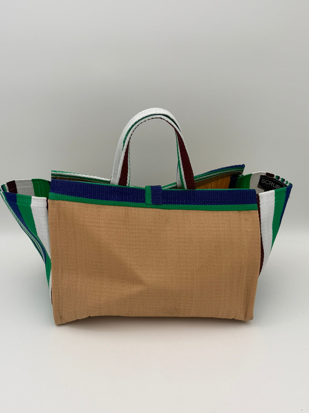Beige Large handwoven tote bag by SCRUBIES in Beige,Green,White,Blue with Solid design and Bow accent pattern