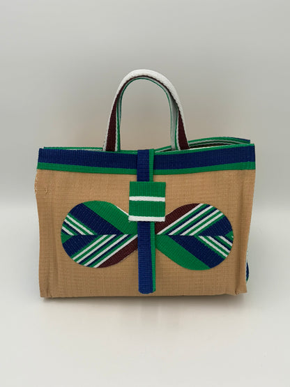 Beige Large handwoven tote bag by SCRUBIES in Beige,Green,White,Blue with Solid design and Bow accent pattern