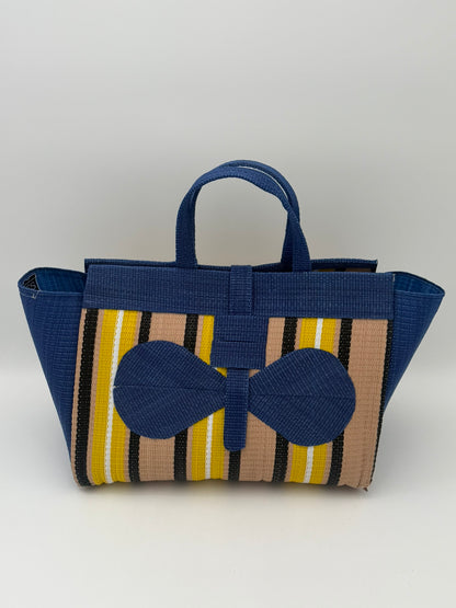Beige Large handwoven tote bag by SCRUBIES in Blue,Beige,Yellow,Black,White, with Stripes design and Bow accent pattern