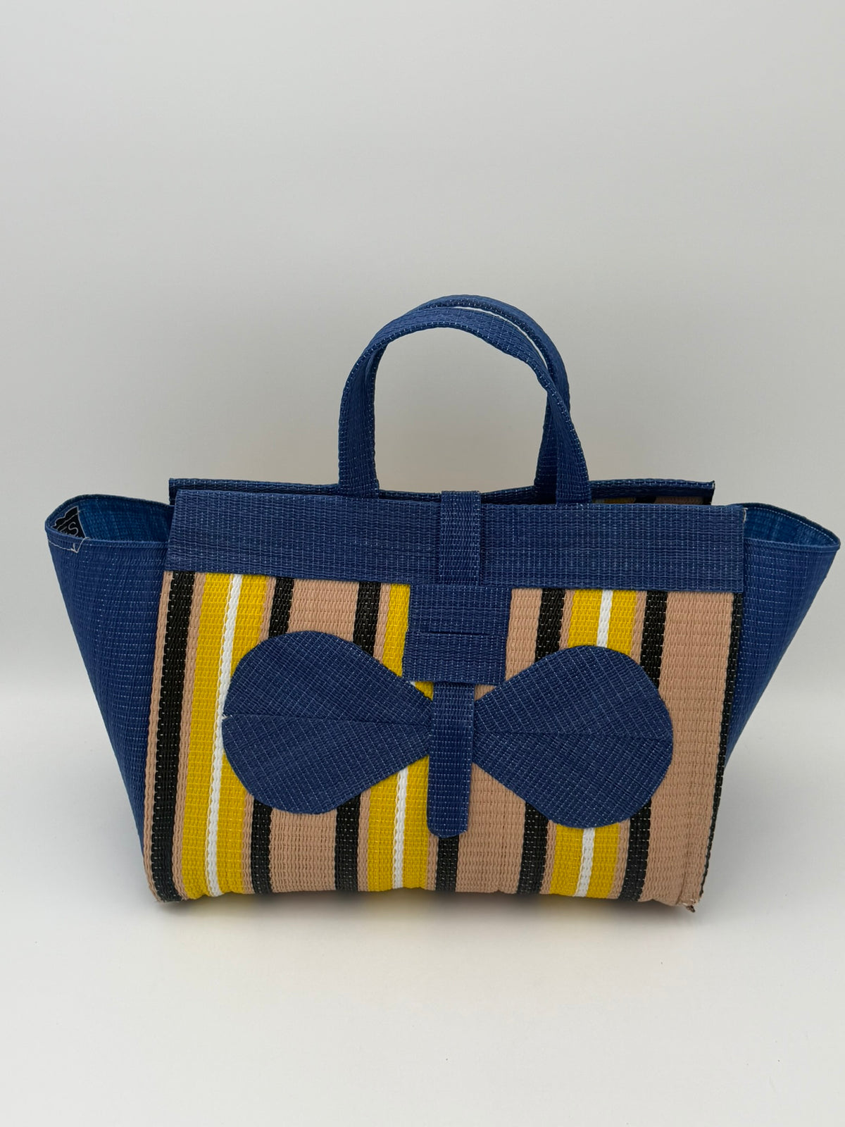 Beige Large handwoven tote bag by SCRUBIES in Blue,Beige,Yellow,Black,White, with Stripes design and Bow accent pattern
