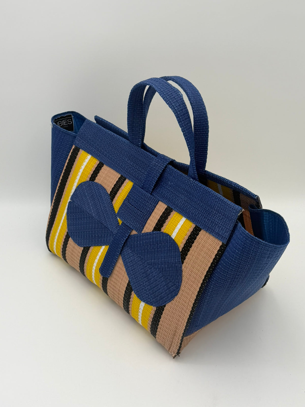 Beige Large handwoven tote bag by SCRUBIES in Blue,Beige,Yellow,Black,White, with Stripes design and Bow accent pattern