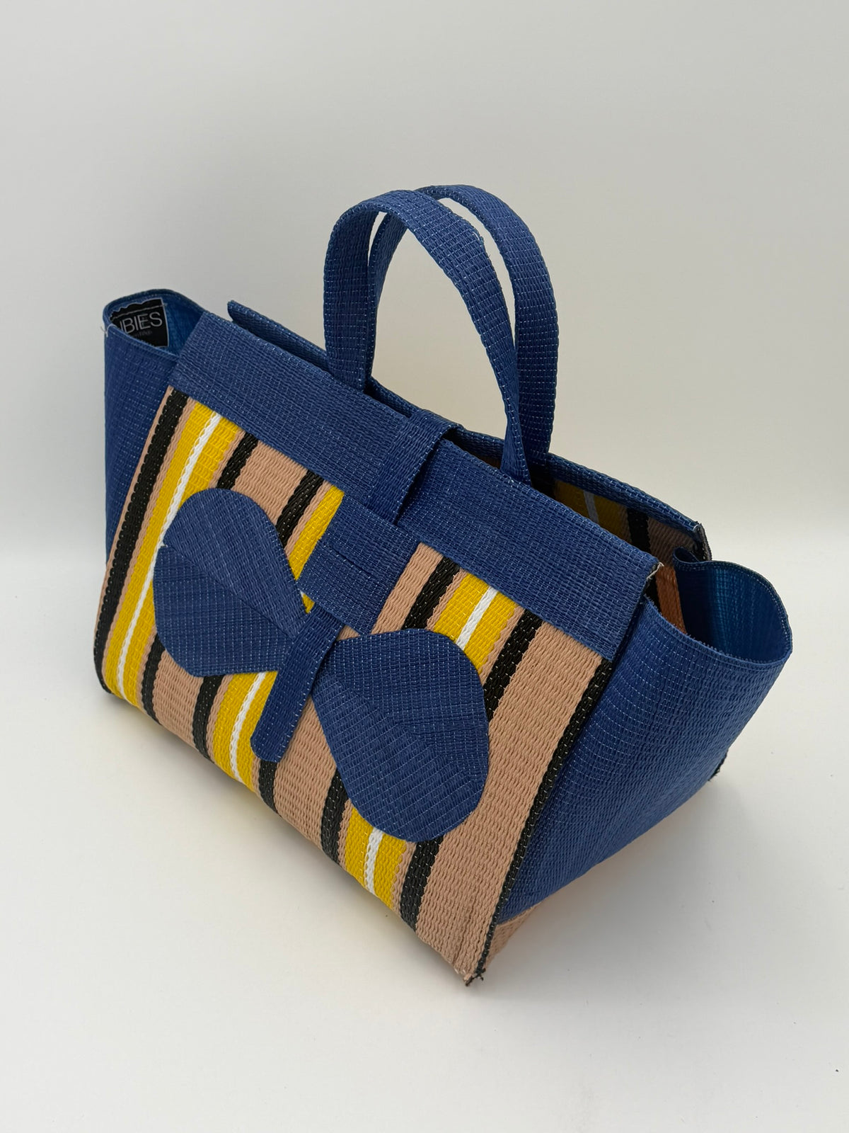 Beige Large handwoven tote bag by SCRUBIES in Blue,Beige,Yellow,Black,White, with Stripes design and Bow accent pattern