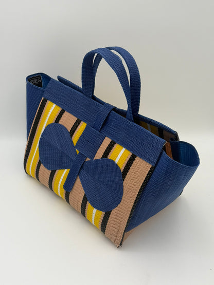 Beige Large handwoven tote bag by SCRUBIES in Blue,Beige,Yellow,Black,White, with Stripes design and Bow accent pattern