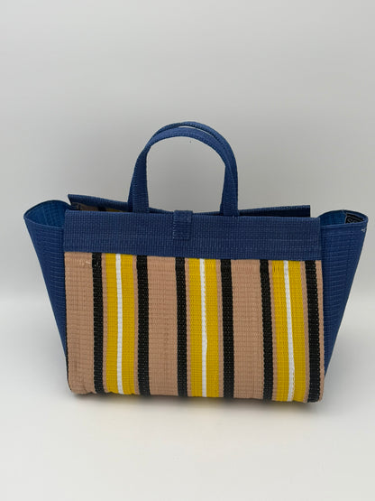 Beige Large handwoven tote bag by SCRUBIES in Blue,Beige,Yellow,Black,White, with Stripes design and Bow accent pattern