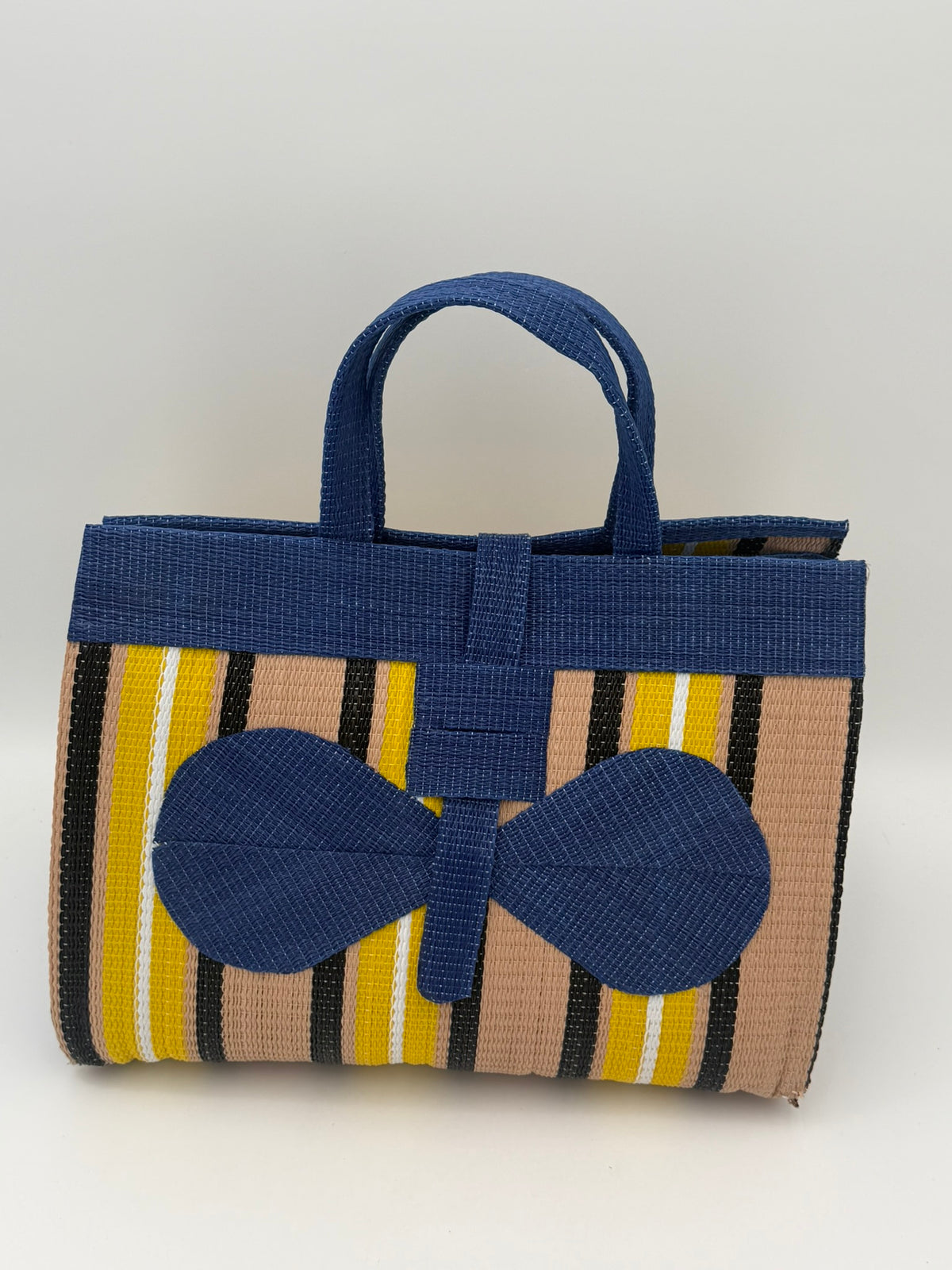 Beige Large handwoven tote bag by SCRUBIES in Blue,Beige,Yellow,Black,White, with Stripes design and Bow accent pattern