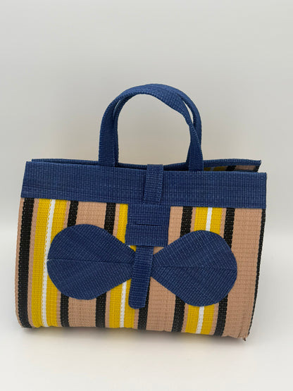 Beige Large handwoven tote bag by SCRUBIES in Blue,Beige,Yellow,Black,White, with Stripes design and Bow accent pattern