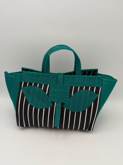Panda Large handwoven tote bag by SCRUBIES in Black,White,Green with Stripes design and Leaf accent pattern