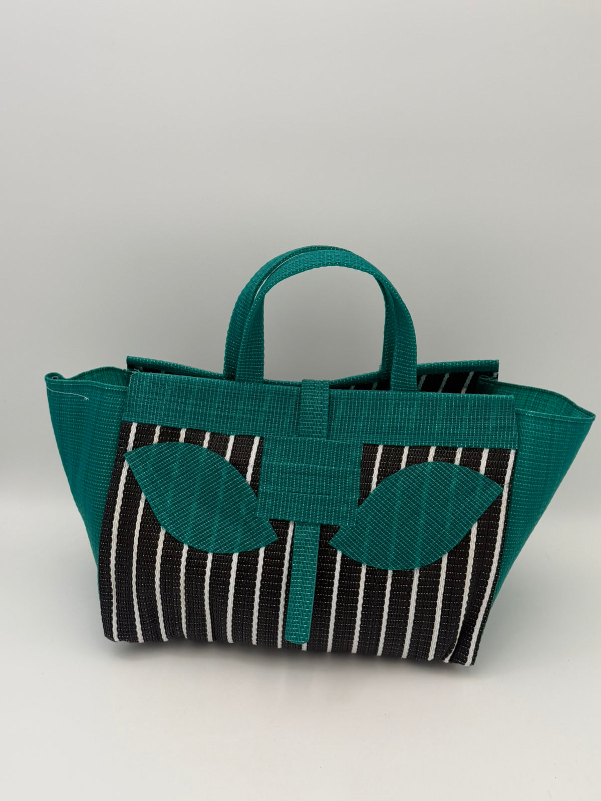 Panda Large handwoven tote bag by SCRUBIES in Black,White,Green with Stripes design and Leaf accent pattern
