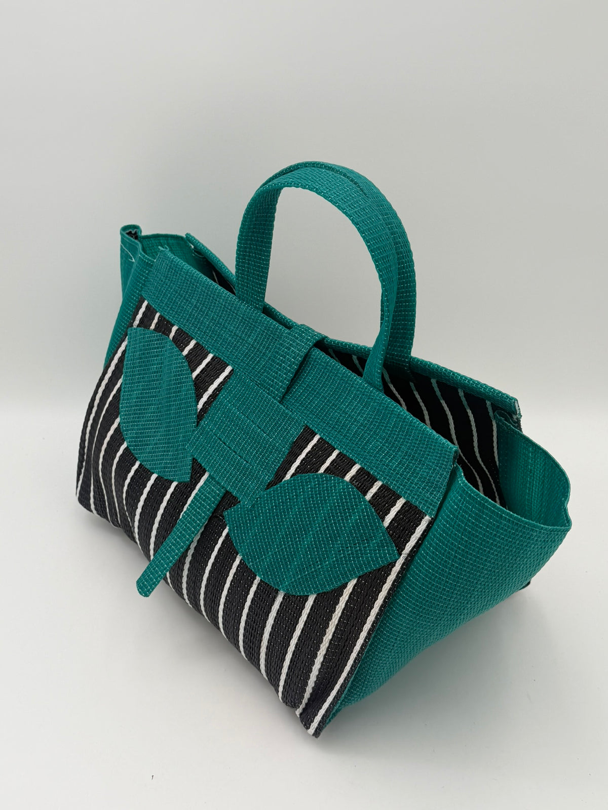 Panda Large handwoven tote bag by SCRUBIES in Black,White,Green with Stripes design and Leaf accent pattern