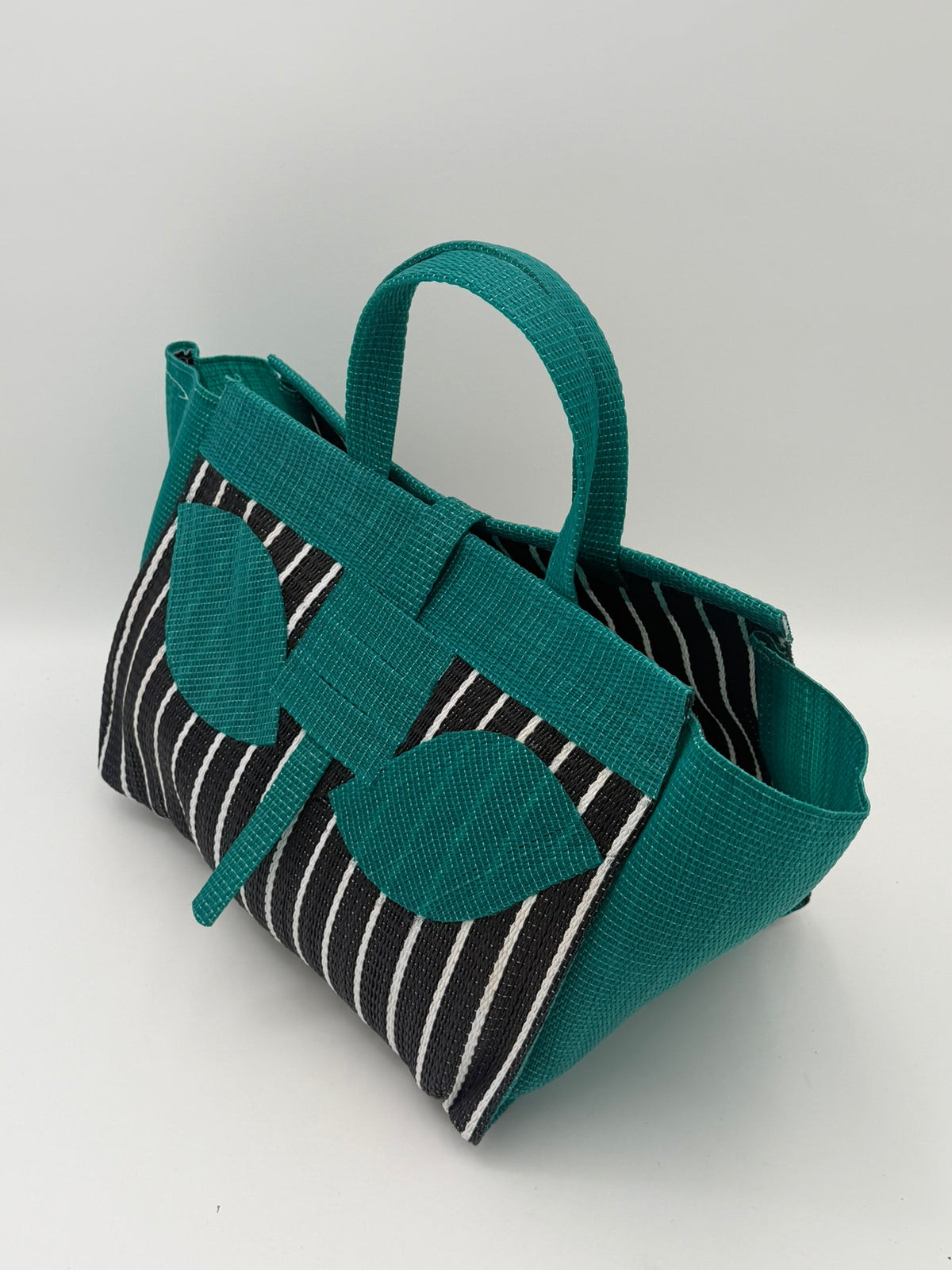 Panda Large handwoven tote bag by SCRUBIES in Black,White,Green with Stripes design and Leaf accent pattern