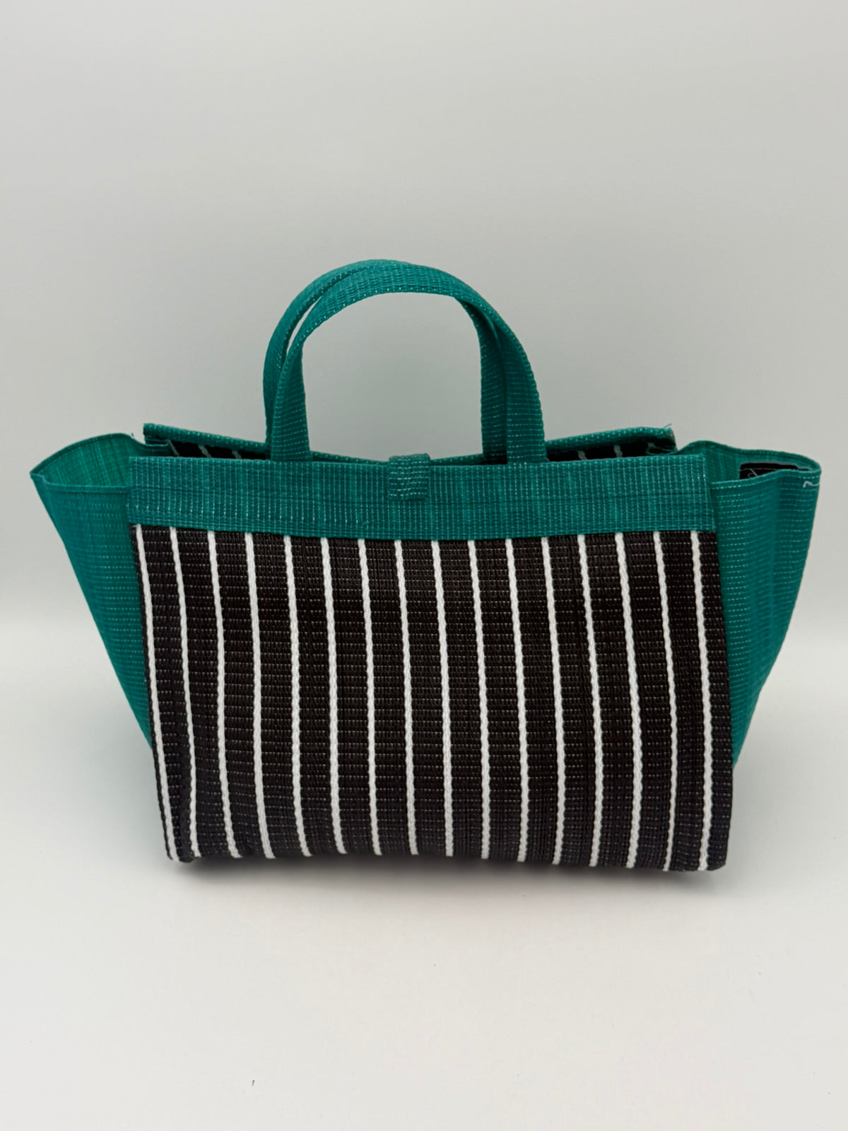 Panda Large handwoven tote bag by SCRUBIES in Black,White,Green with Stripes design and Leaf accent pattern