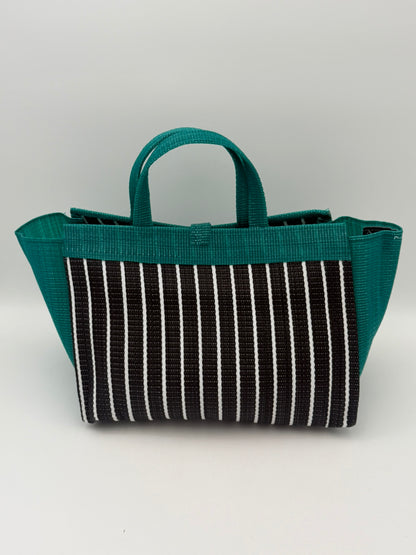 Panda Large handwoven tote bag by SCRUBIES in Black,White,Green with Stripes design and Leaf accent pattern