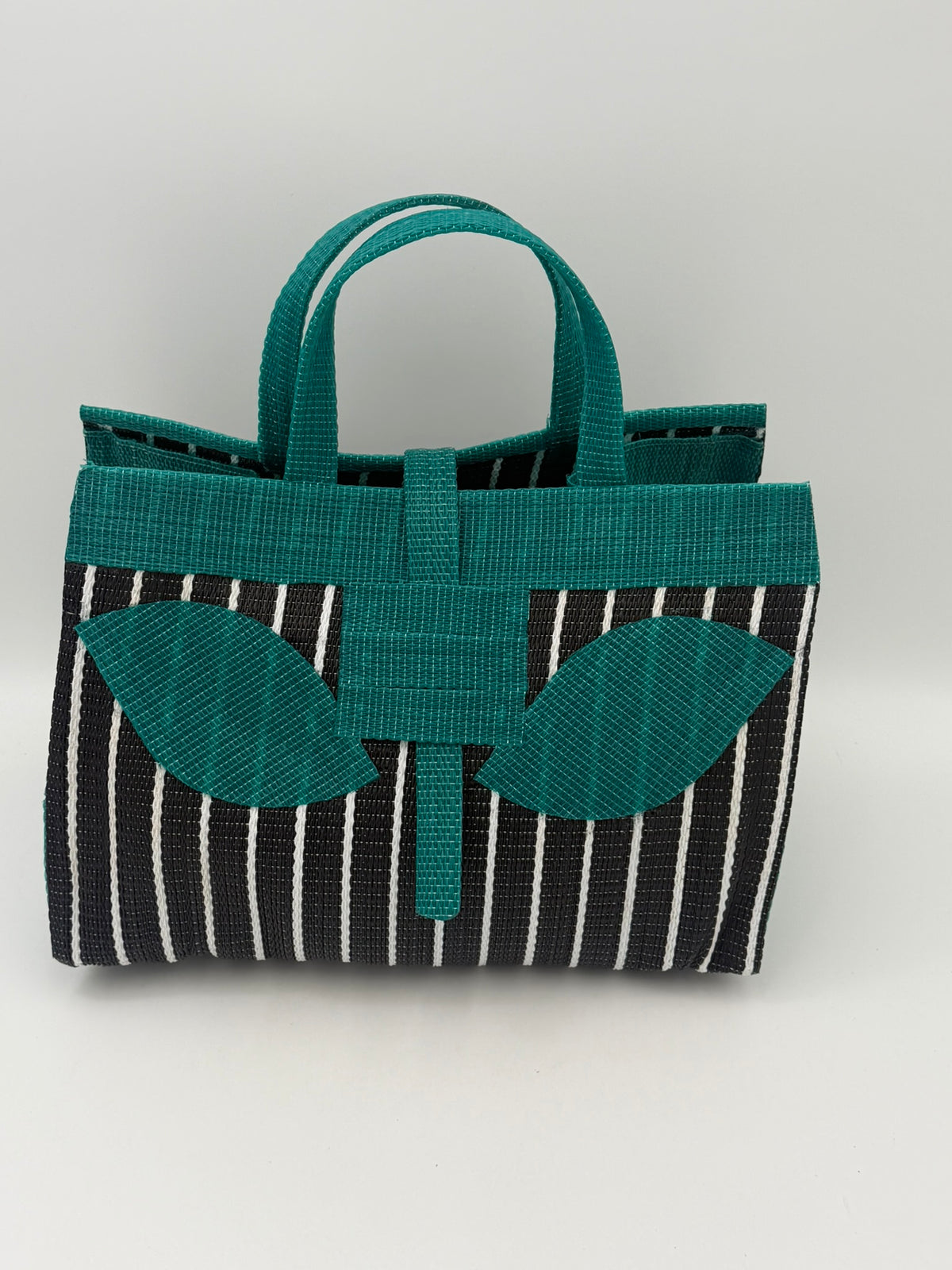 Panda Large handwoven tote bag by SCRUBIES in Black,White,Green with Stripes design and Leaf accent pattern