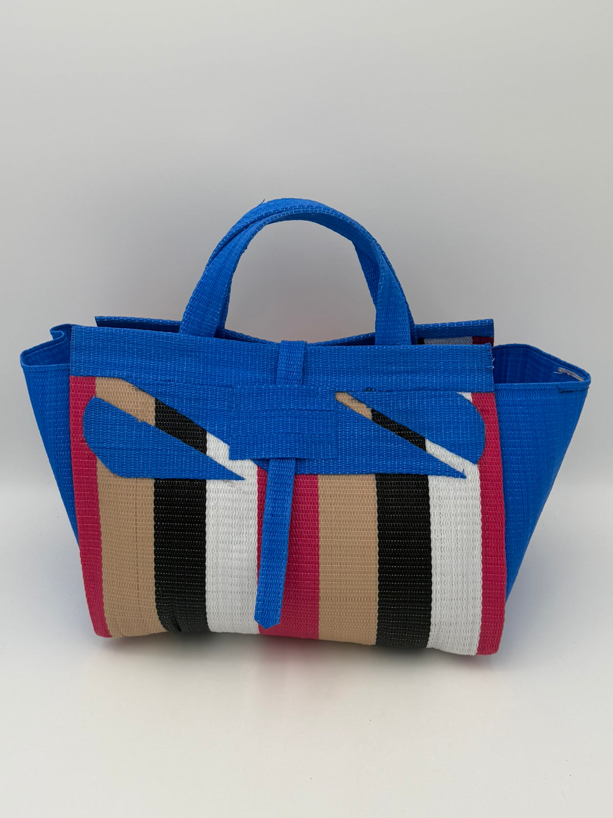 Panda Large handwoven tote bag by SCRUBIES in Black,White,Green with Stripes design and Leaf accent pattern