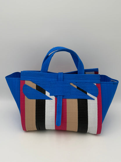 Panda Large handwoven tote bag by SCRUBIES in Black,White,Green with Stripes design and Leaf accent pattern