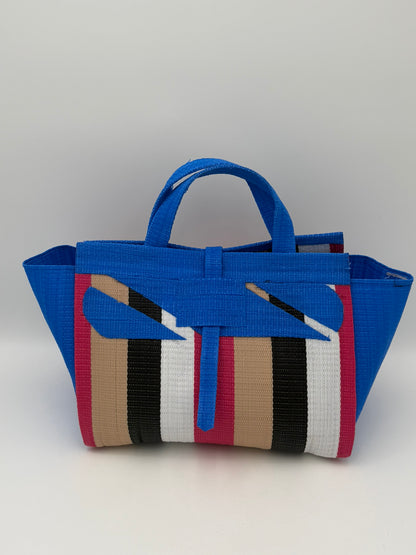 Panda Large handwoven tote bag by SCRUBIES in Black,White,Green with Stripes design and Leaf accent pattern