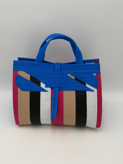 Panda Large handwoven tote bag by SCRUBIES in Black,White,Green with Stripes design and Leaf accent pattern