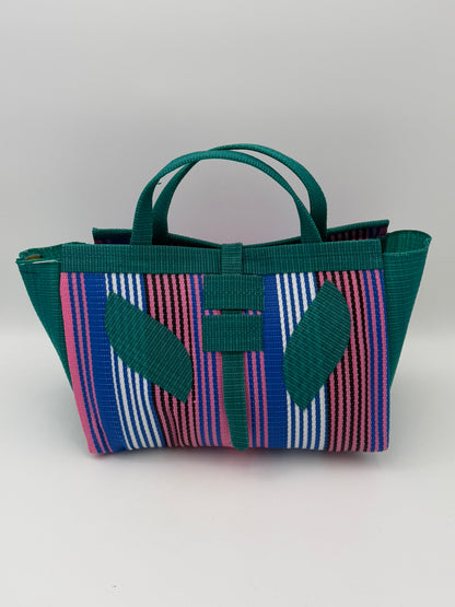 Panda Large handwoven tote bag by SCRUBIES in Black,White,Green with Stripes design and Leaf accent pattern