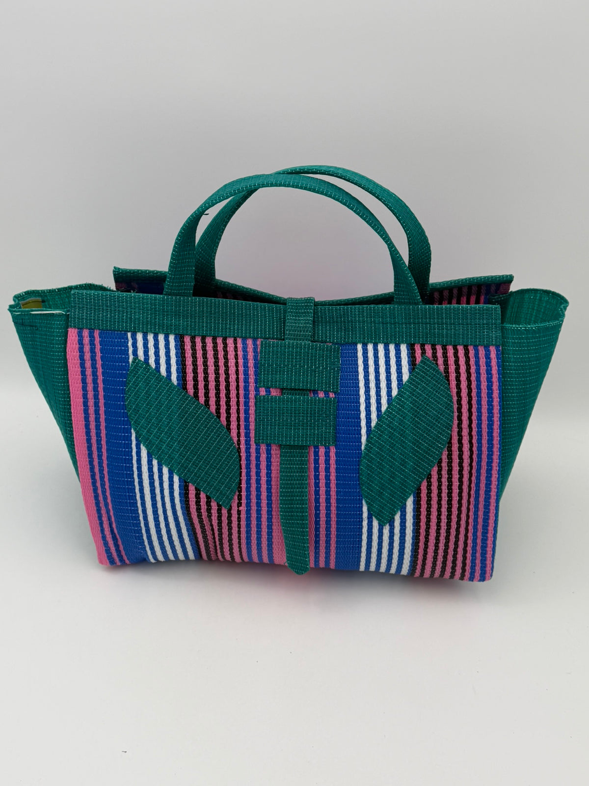 Panda Large handwoven tote bag by SCRUBIES in Black,White,Green with Stripes design and Leaf accent pattern