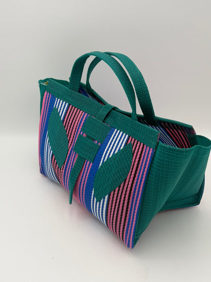 Panda Large handwoven tote bag by SCRUBIES in Black,White,Green with Stripes design and Leaf accent pattern