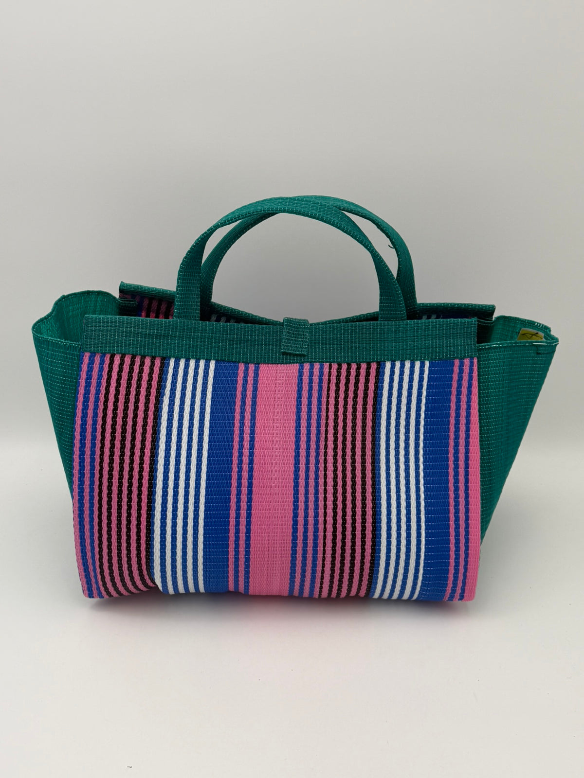 Panda Large handwoven tote bag by SCRUBIES in Black,White,Green with Stripes design and Leaf accent pattern