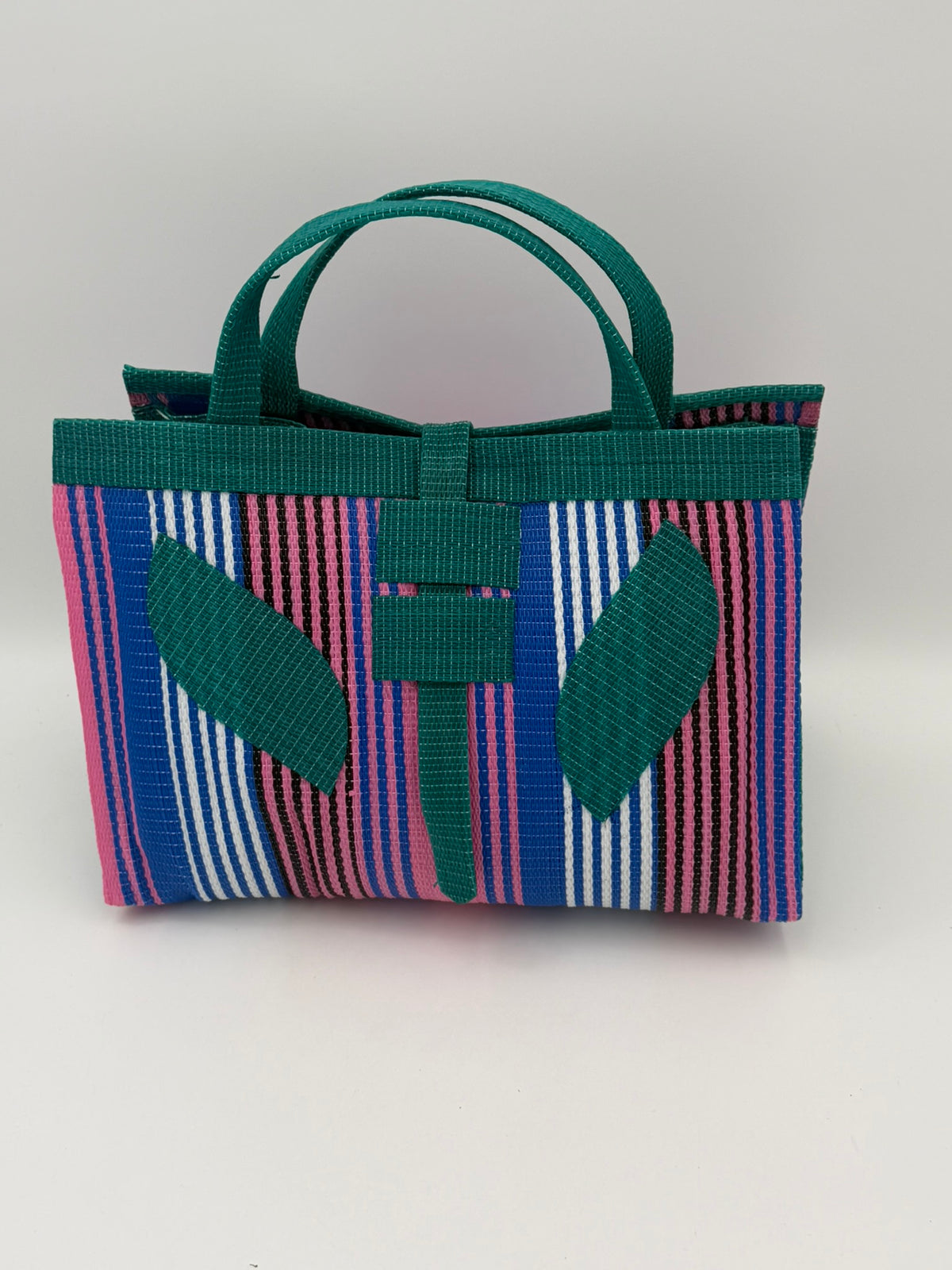 Panda Large handwoven tote bag by SCRUBIES in Black,White,Green with Stripes design and Leaf accent pattern