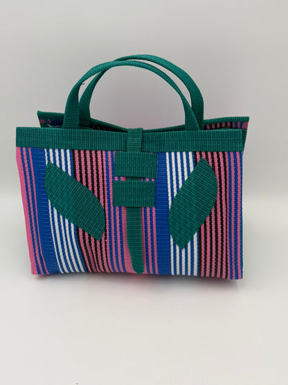 Panda Large handwoven tote bag by SCRUBIES in Black,White,Green with Stripes design and Leaf accent pattern