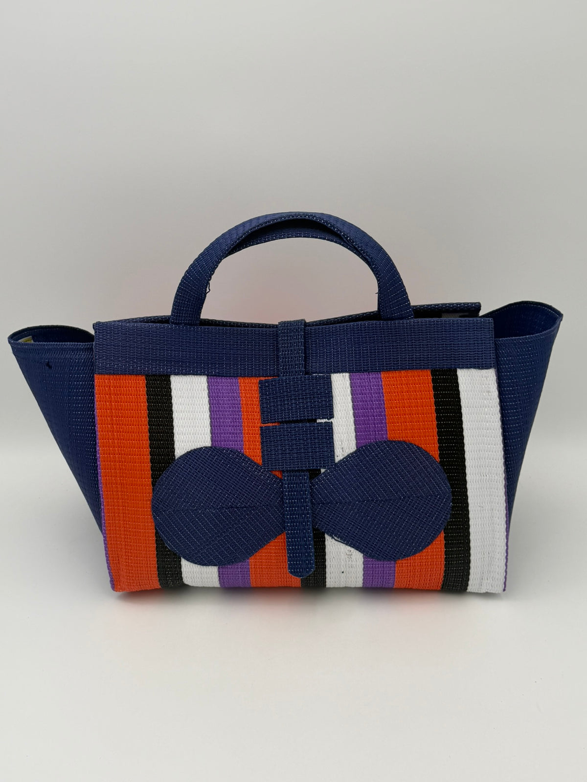 Orange Blocks Large handwoven tote bag by SCRUBIES in Blue,Orange,Black,White,Purple with Block design and Bow accent pattern