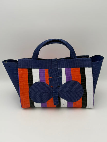 Orange Blocks Large handwoven tote bag by SCRUBIES in Blue,Orange,Black,White,Purple with Block design and Bow accent pattern