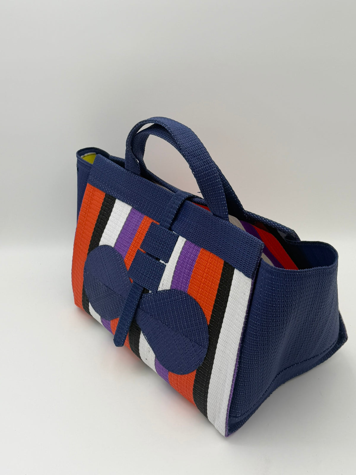 Orange Blocks Large handwoven tote bag by SCRUBIES in Blue,Orange,Black,White,Purple with Block design and Bow accent pattern