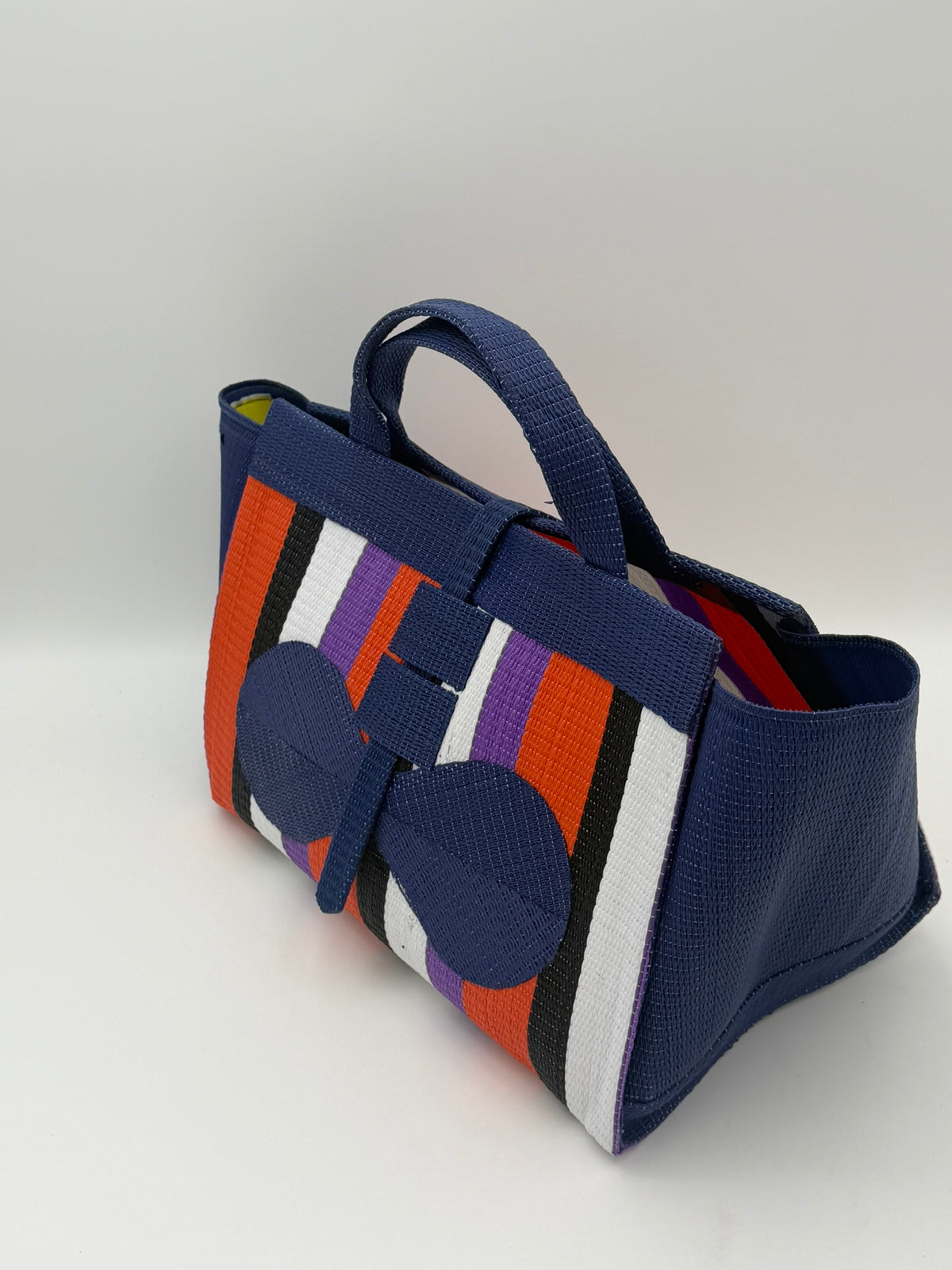 Orange Blocks Large handwoven tote bag by SCRUBIES in Blue,Orange,Black,White,Purple with Block design and Bow accent pattern