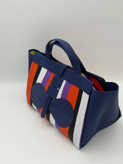 Orange Blocks Large handwoven tote bag by SCRUBIES in Blue,Orange,Black,White,Purple with Block design and Bow accent pattern