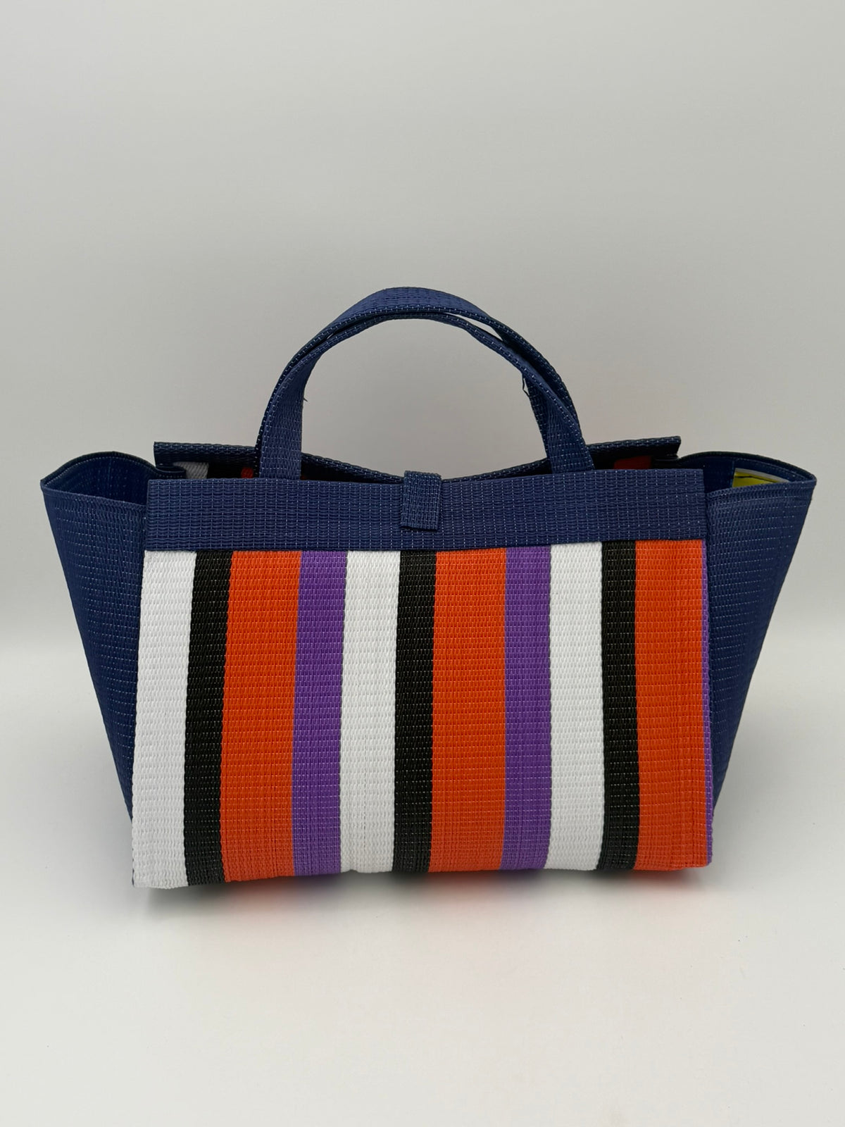 Orange Blocks Large handwoven tote bag by SCRUBIES in Blue,Orange,Black,White,Purple with Block design and Bow accent pattern