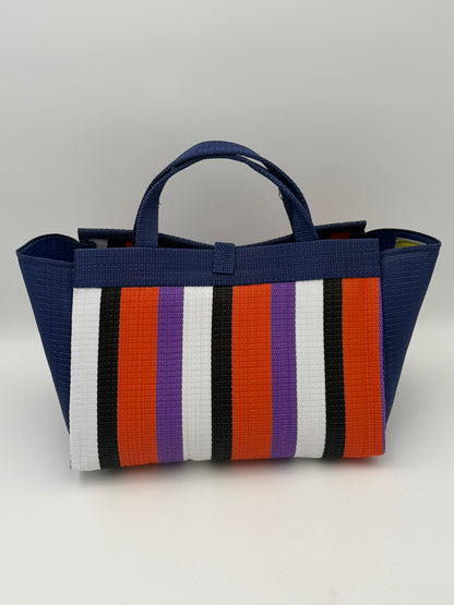Orange Blocks Large handwoven tote bag by SCRUBIES in Blue,Orange,Black,White,Purple with Block design and Bow accent pattern
