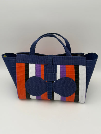 Orange Blocks Large handwoven tote bag by SCRUBIES in Blue,Orange,Black,White,Purple with Block design and Bow accent pattern