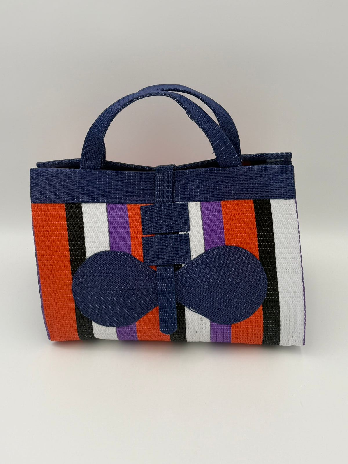 Orange Blocks Large handwoven tote bag by SCRUBIES in Blue,Orange,Black,White,Purple with Block design and Bow accent pattern