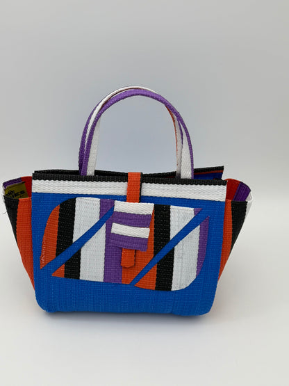 Lagoon Medium  handwoven tote bag by SCRUBIES in Blue,Orrange,White,Black,Purple with Solid design and Abstract accent pattern