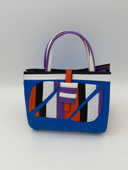 Lagoon Medium  handwoven tote bag by SCRUBIES in Blue,Orrange,White,Black,Purple with Solid design and Abstract accent pattern