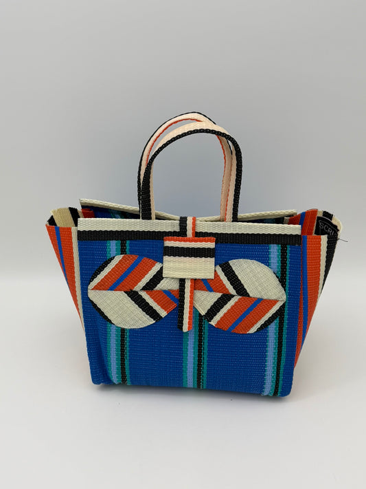 Lagoon Medium  handwoven tote bag by SCRUBIES in Blue,Orange,Cream,Black with Stripes design and Bow accent pattern