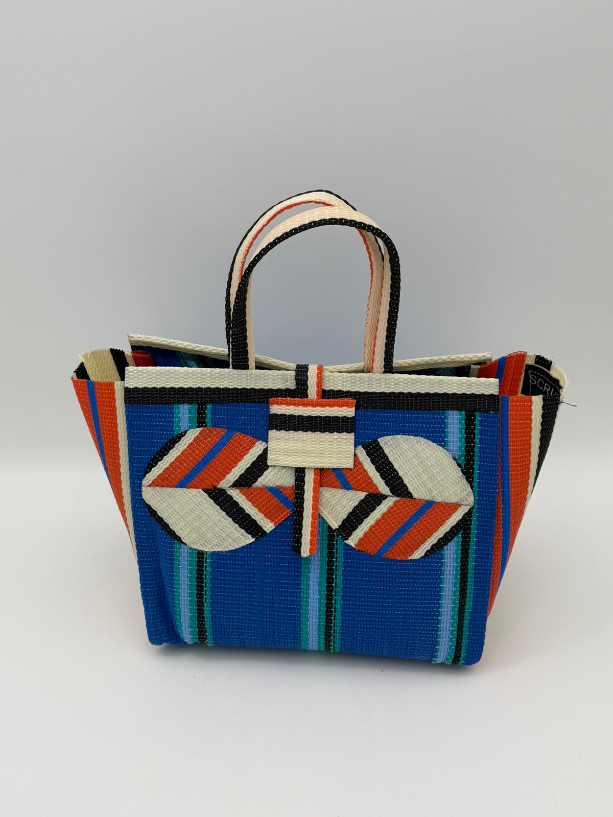 Lagoon Medium  handwoven tote bag by SCRUBIES in Blue,Orange,Cream,Black with Stripes design and Bow accent pattern