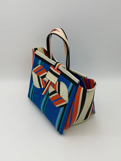 Lagoon Medium  handwoven tote bag by SCRUBIES in Blue,Orange,Cream,Black with Stripes design and Bow accent pattern