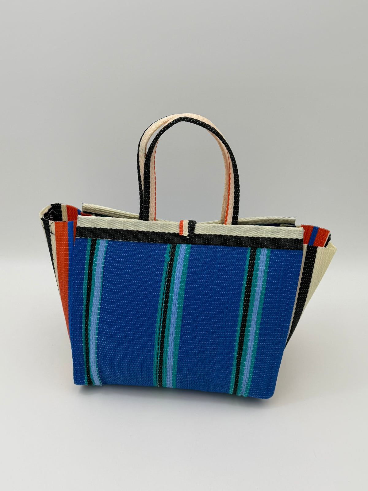 Lagoon Medium  handwoven tote bag by SCRUBIES in Blue,Orange,Cream,Black with Stripes design and Bow accent pattern