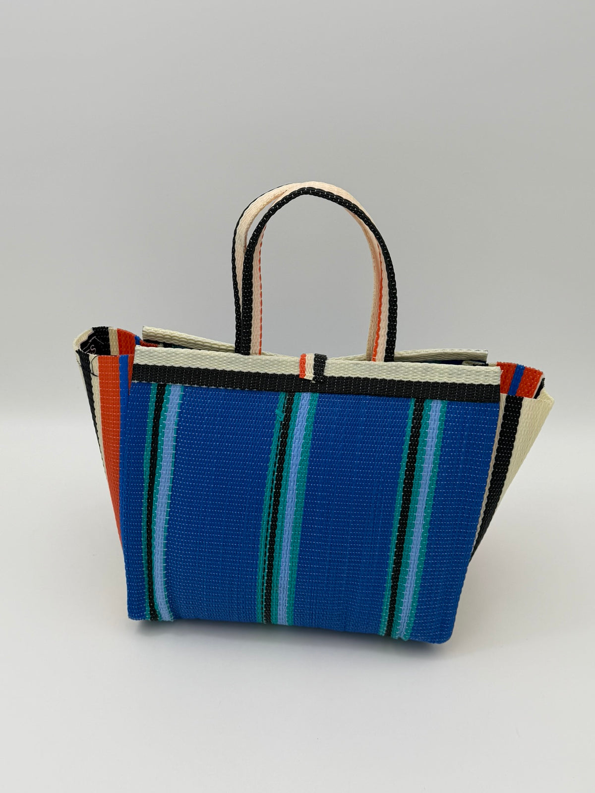 Lagoon Medium  handwoven tote bag by SCRUBIES in Blue,Orange,Cream,Black with Stripes design and Bow accent pattern