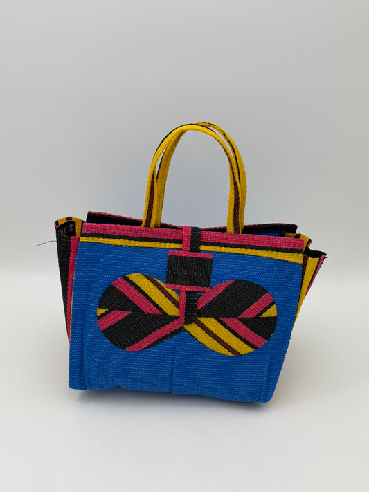 Lagoon Medium  handwoven tote bag by SCRUBIES in Blue,Pink,Yellow,Black with Solid design and Bow accent pattern