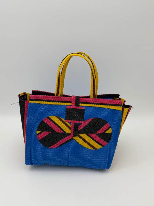 Lagoon Medium  handwoven tote bag by SCRUBIES in Blue,Pink,Yellow,Black with Solid design and Bow accent pattern