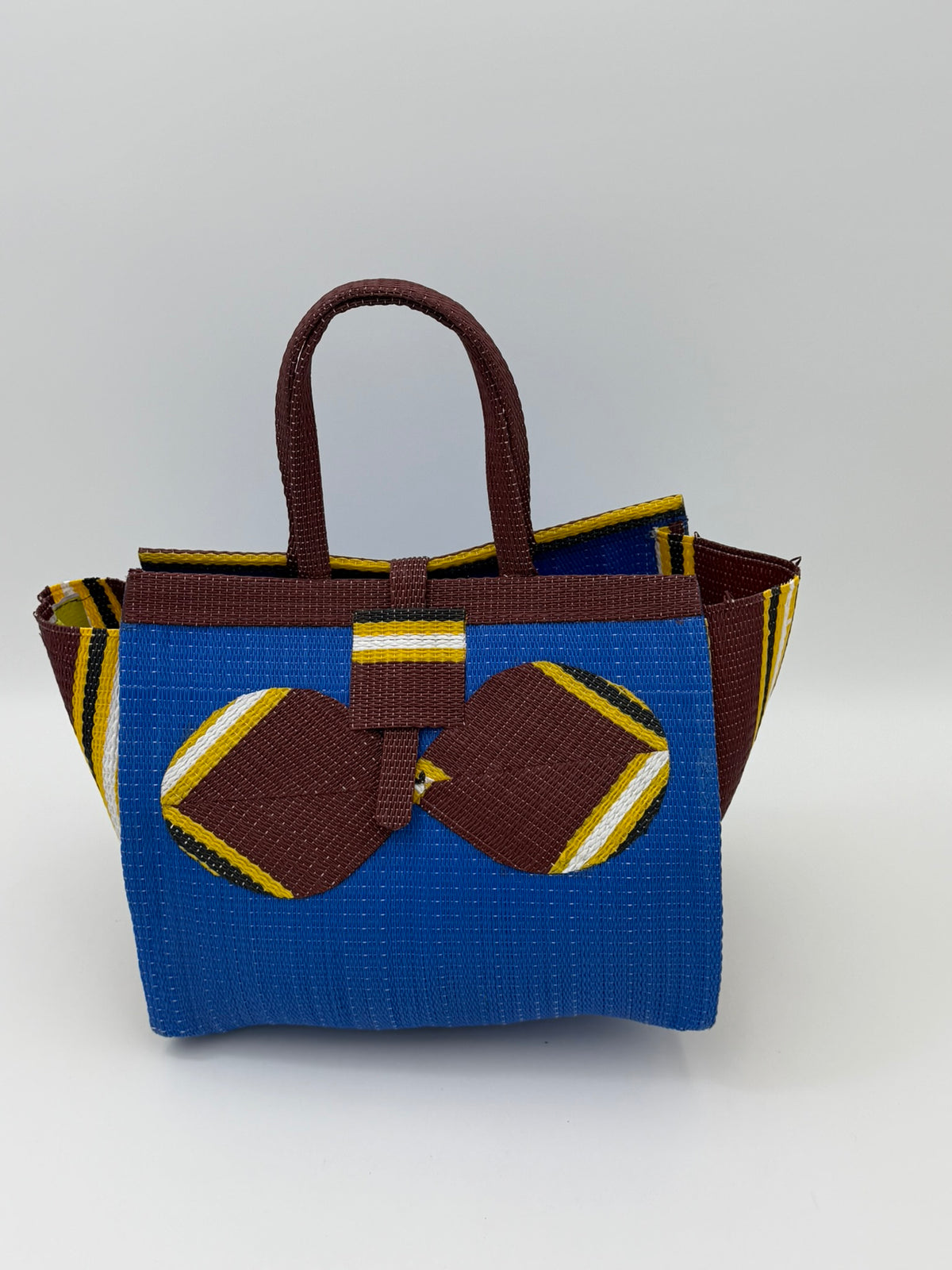 Lagoon Medium  handwoven tote bag by SCRUBIES in Blue,Brown,Yellow with Solid design and Bow accent pattern