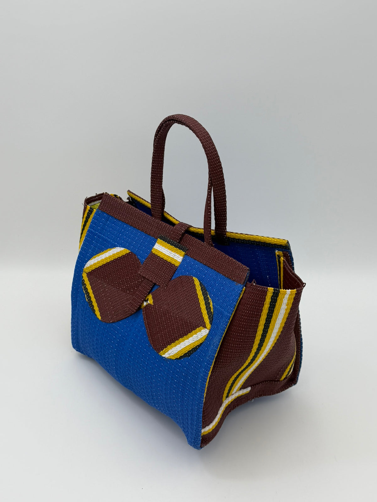Lagoon Medium  handwoven tote bag by SCRUBIES in Blue,Brown,Yellow with Solid design and Bow accent pattern