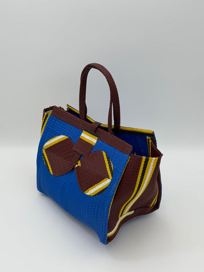 Lagoon Medium  handwoven tote bag by SCRUBIES in Blue,Brown,Yellow with Solid design and Bow accent pattern