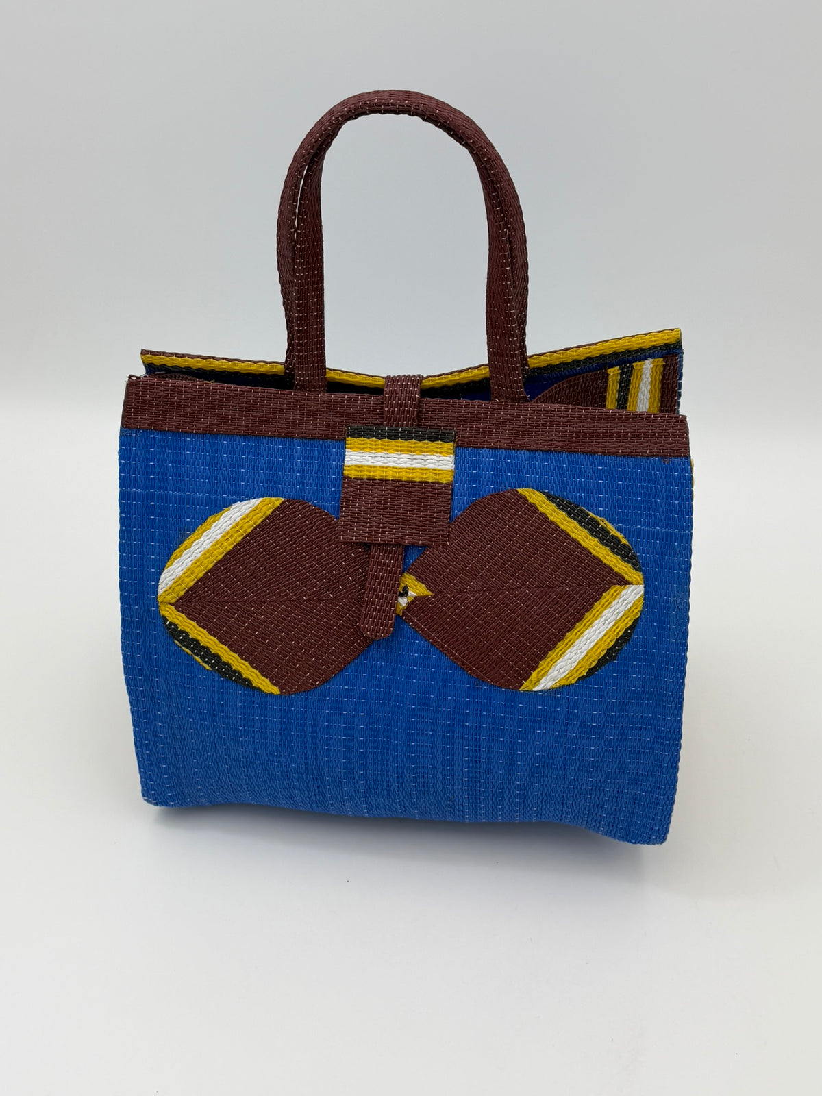 Lagoon Medium  handwoven tote bag by SCRUBIES in Blue,Brown,Yellow with Solid design and Bow accent pattern
