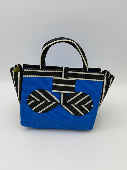 Lagoon Medium  handwoven tote bag by SCRUBIES in Blue,Black,White with Solid design and Bow accent pattern